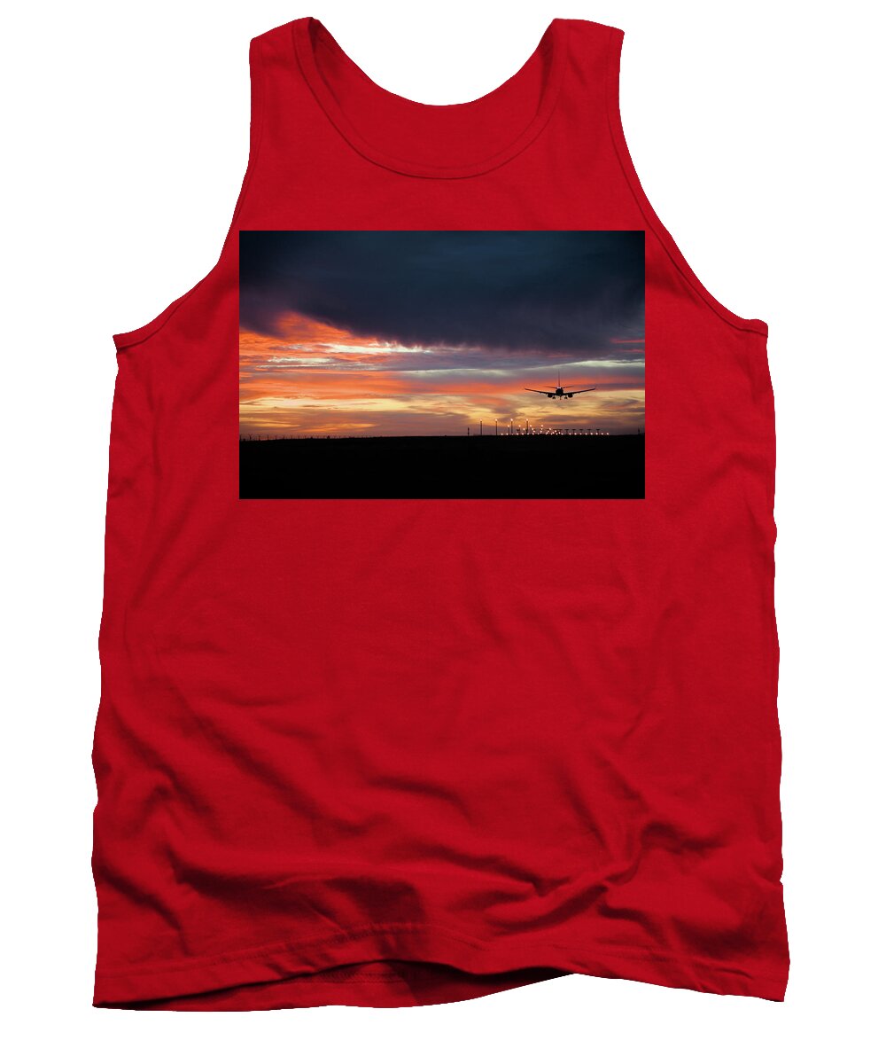 Airplane Landing Tank Top featuring the photograph Airplane Landing at Dusk by Angelo DeVal