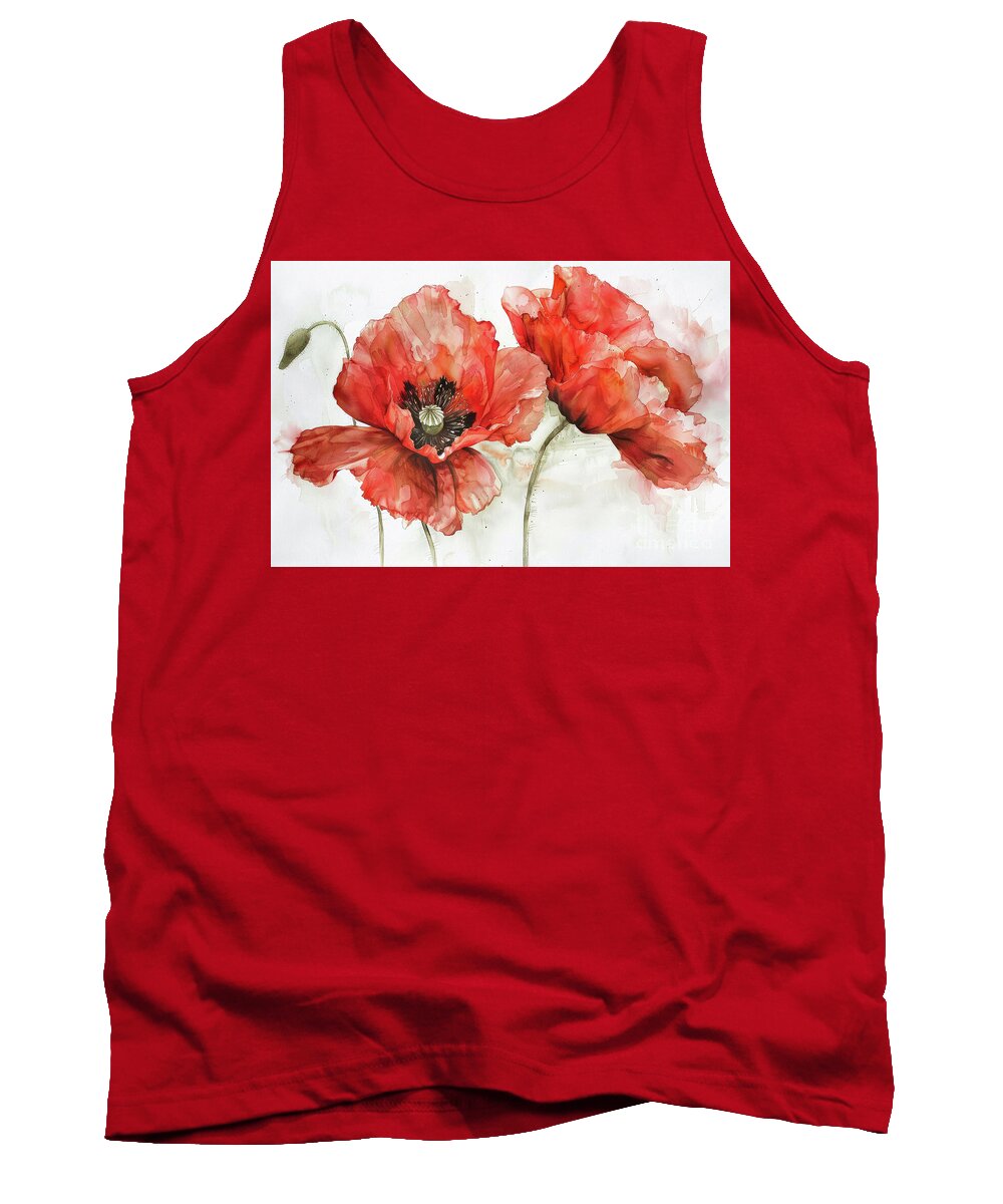 Poppy Tank Top featuring the mixed media Botanical Red Poppies by Tina LeCour