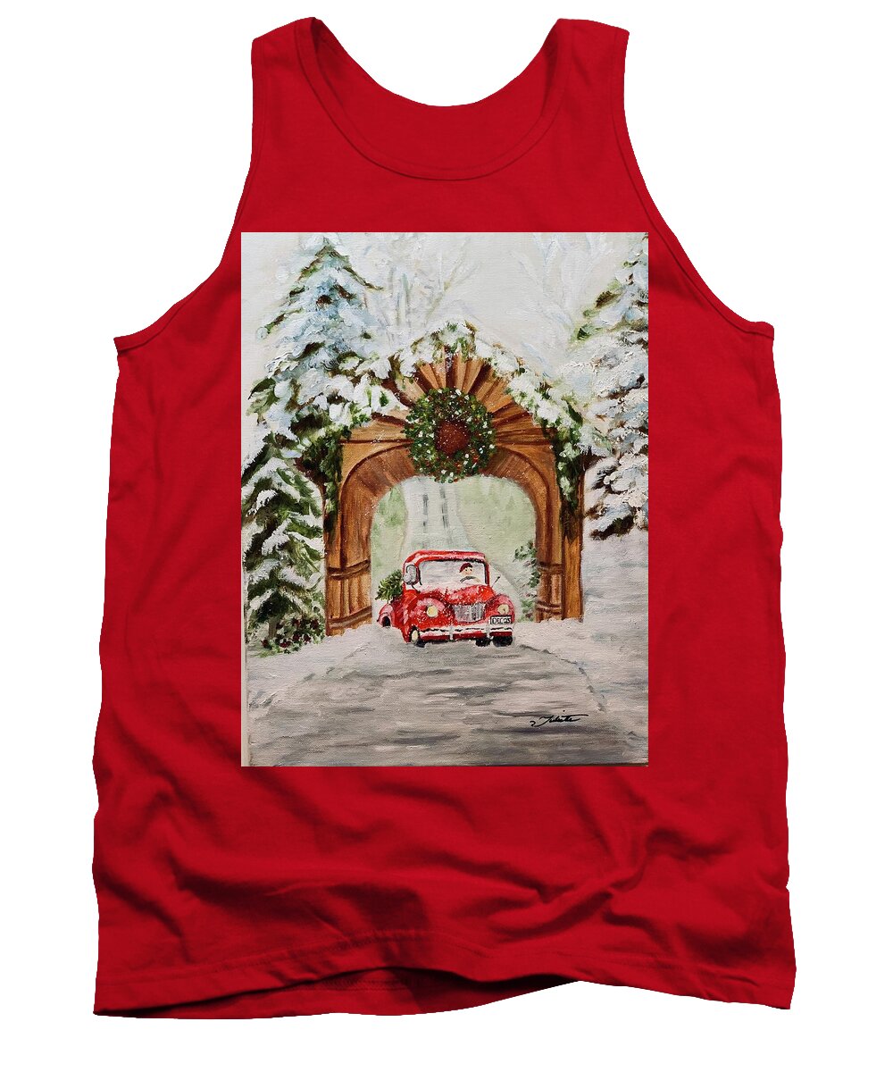 Red Truck Tank Top featuring the painting Bringing Home the Tree by Juliette Becker