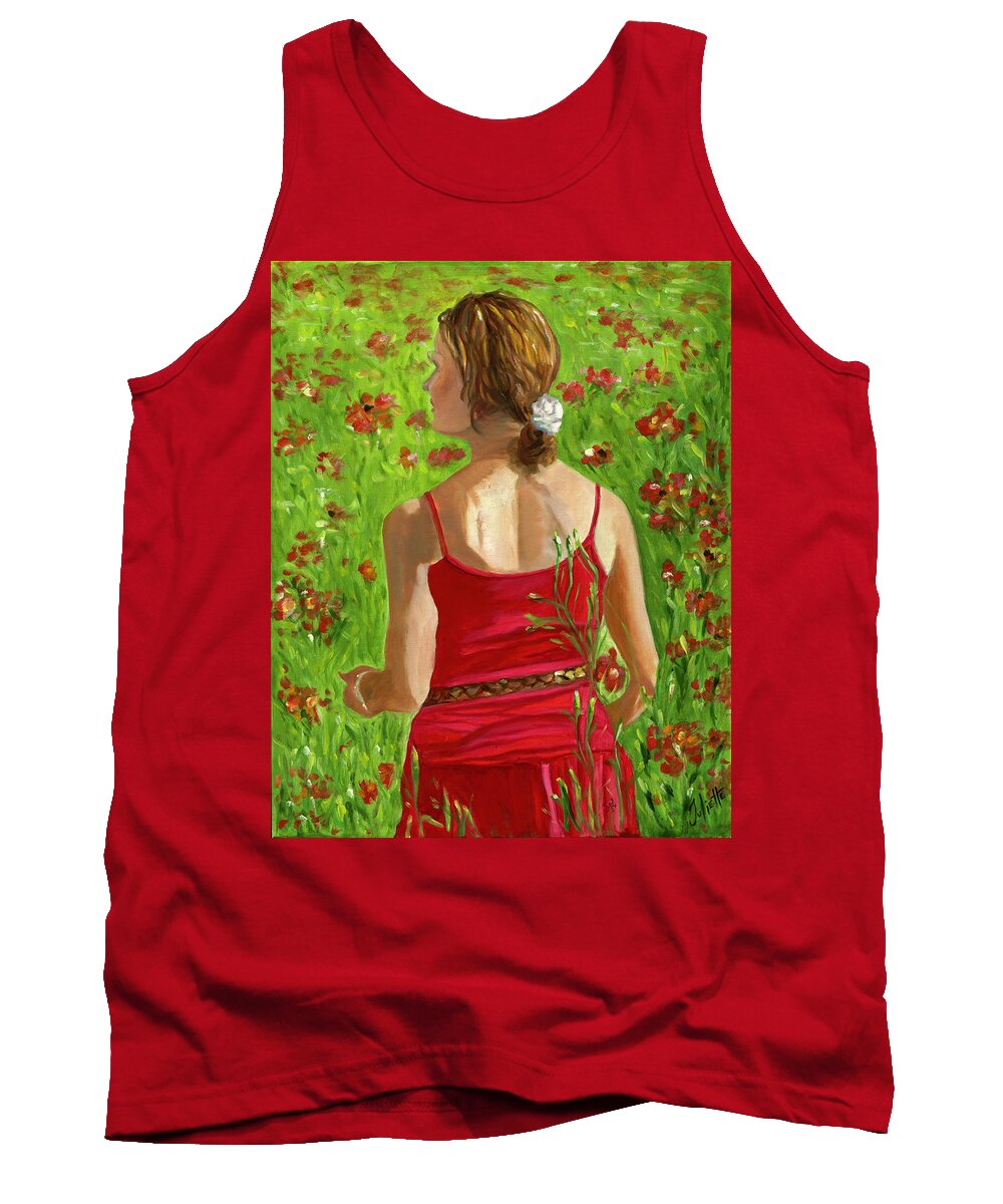 Woman Tank Top featuring the painting Girl in Poppy Field by Juliette Becker