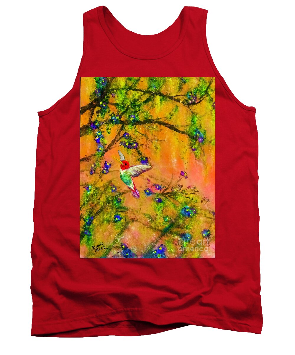 Hummingbird At Sunset Tank Top featuring the painting A Hummingbird Sunset by Bonnie Marie