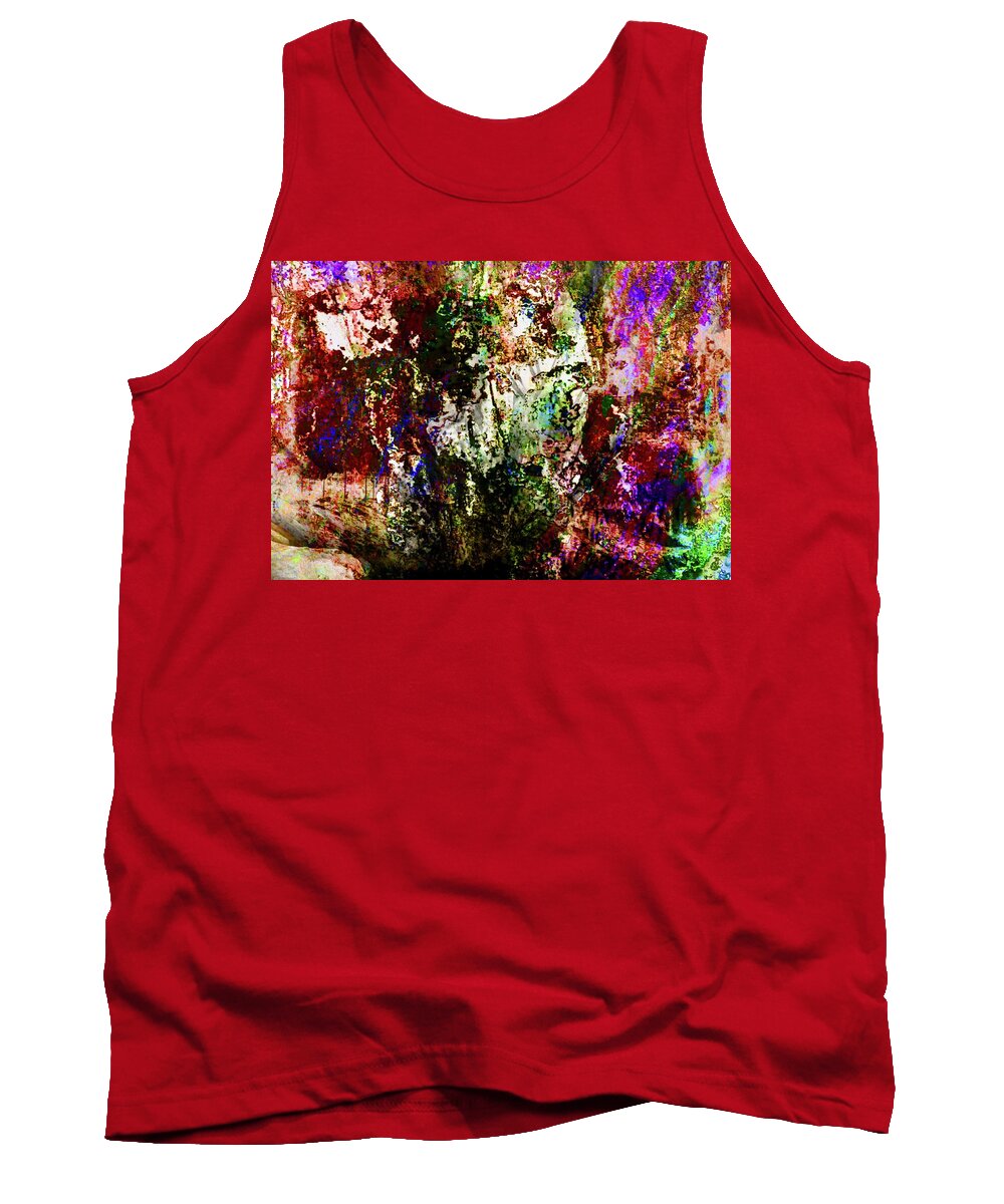 Abstract Cave Dark Purple Green Plants Brown White Orange Lavender Moss Tank Top featuring the digital art Inside Dark Cave Abstract by Kathleen Boyles