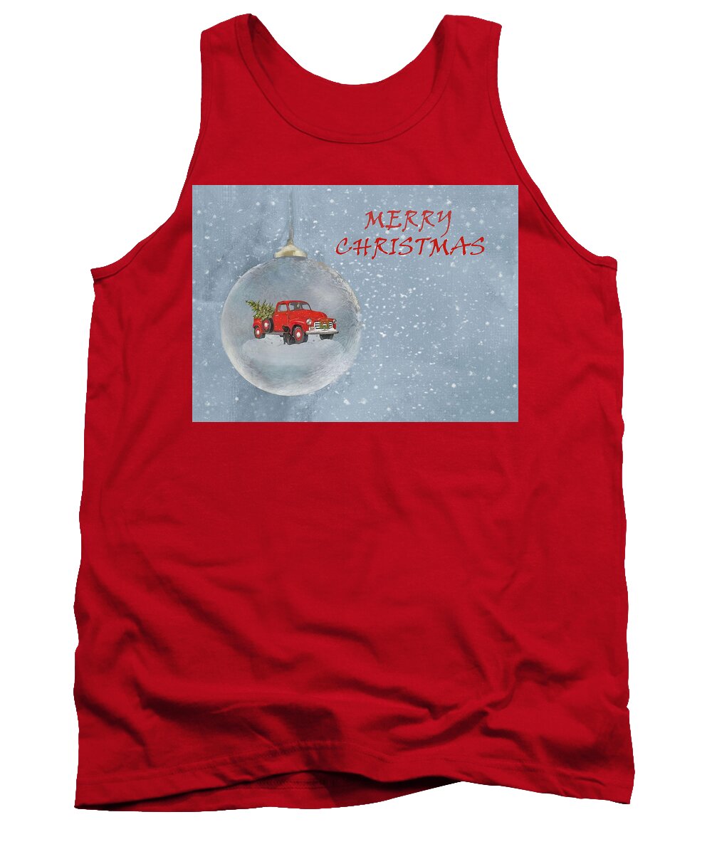 Merry Christmas Tank Top featuring the mixed media Red Pickup With And Christmas Tree And Dog Ornament by Sandi OReilly