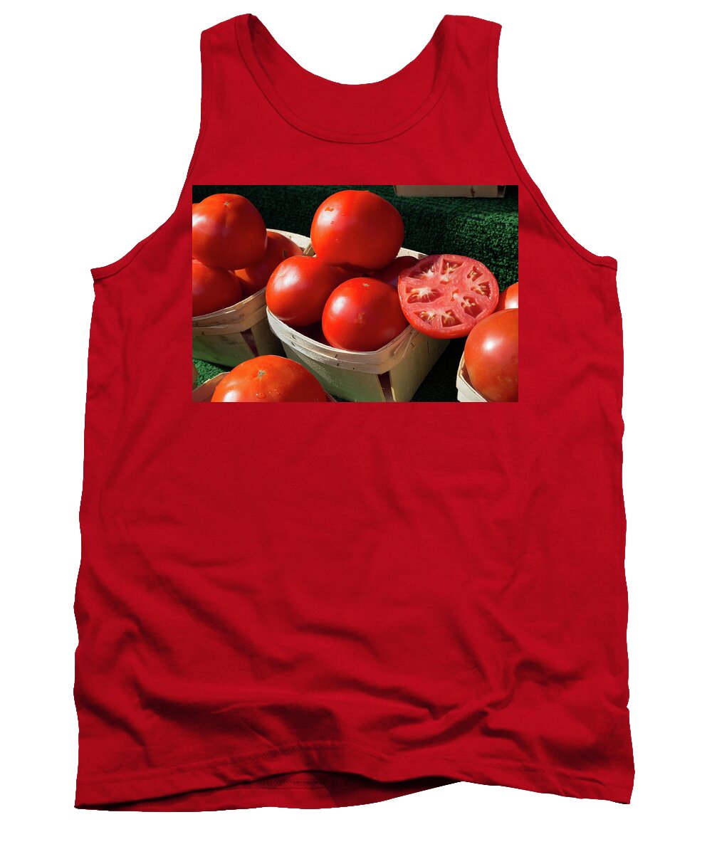 United States Tank Top featuring the photograph Red Ripe Tomatoes for Sale with Sample Slice by Karen Lee Ensley