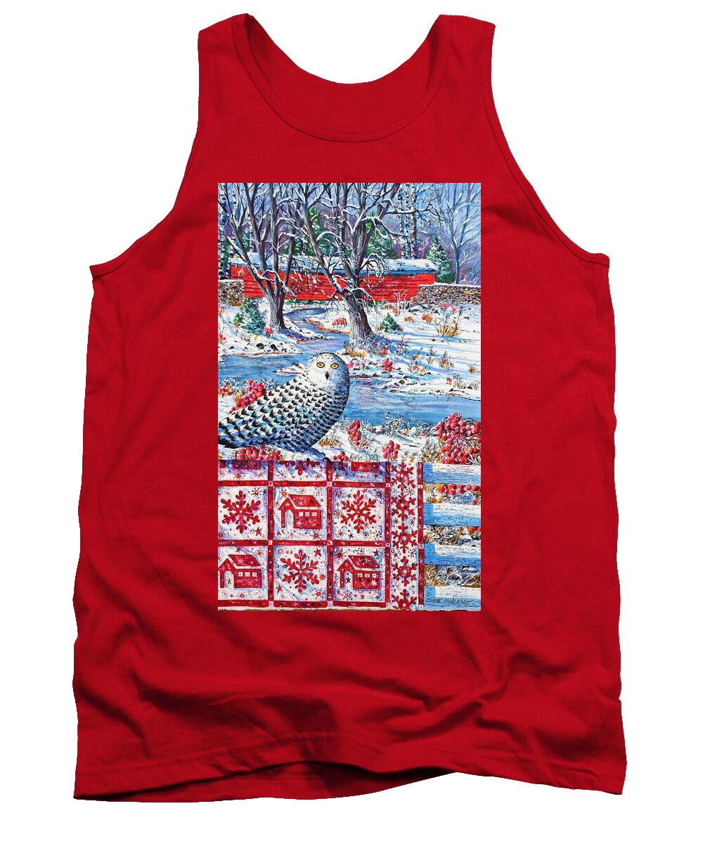 Winter Scene Of Covered Bridge And Snowy Owl With Red Covered Bridge And Snowflake Quilt. Tank Top featuring the painting Snowy Owl Visitor by Diane Phalen