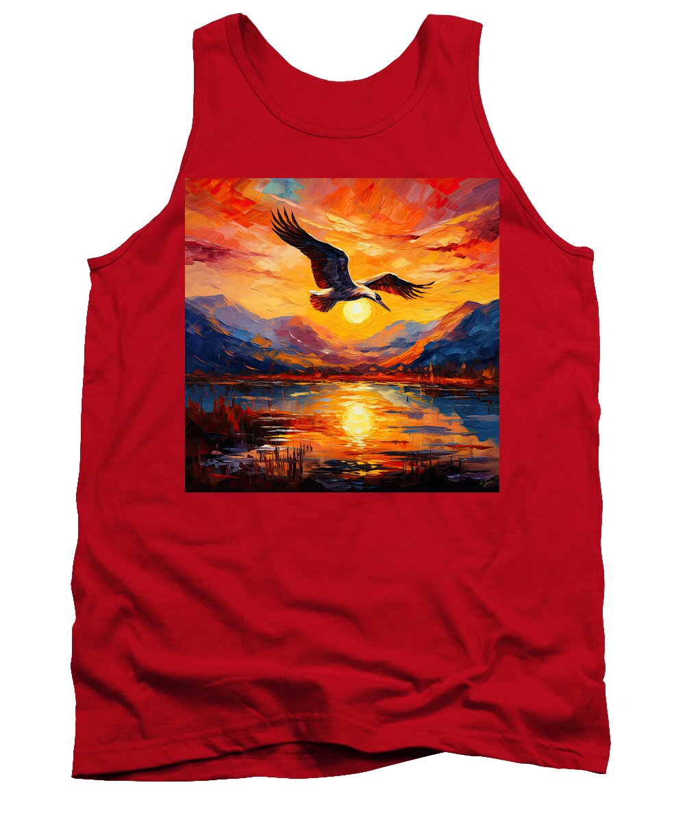 Crane Tank Top featuring the painting Sunset Duet - Graceful Crane Flying at Sunset by Lourry Legarde