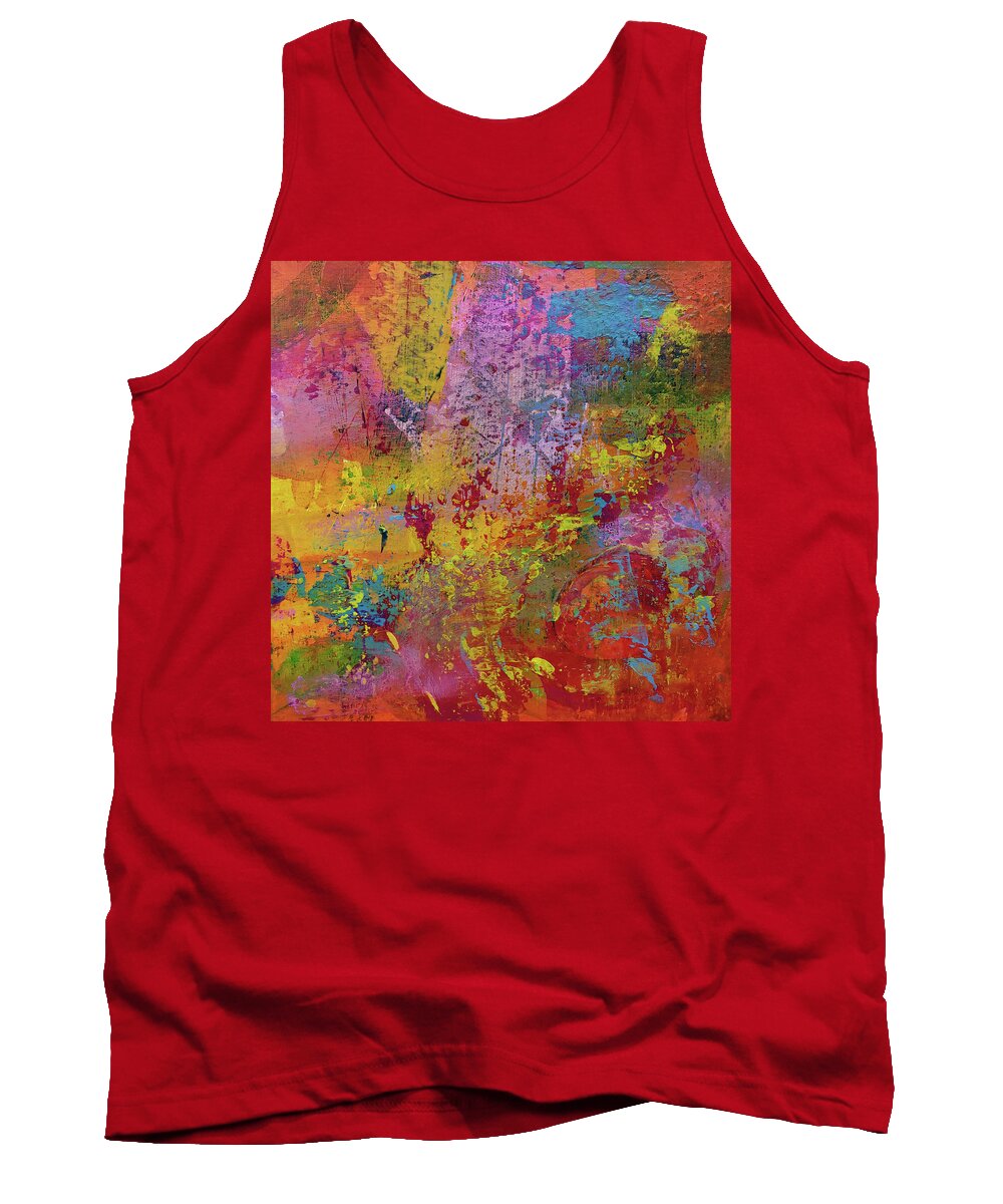 Bright Tank Top featuring the painting SUPERNOVA 2 Abstract Painting Red Orange Yellow Pink Blue by Lynnie Lang