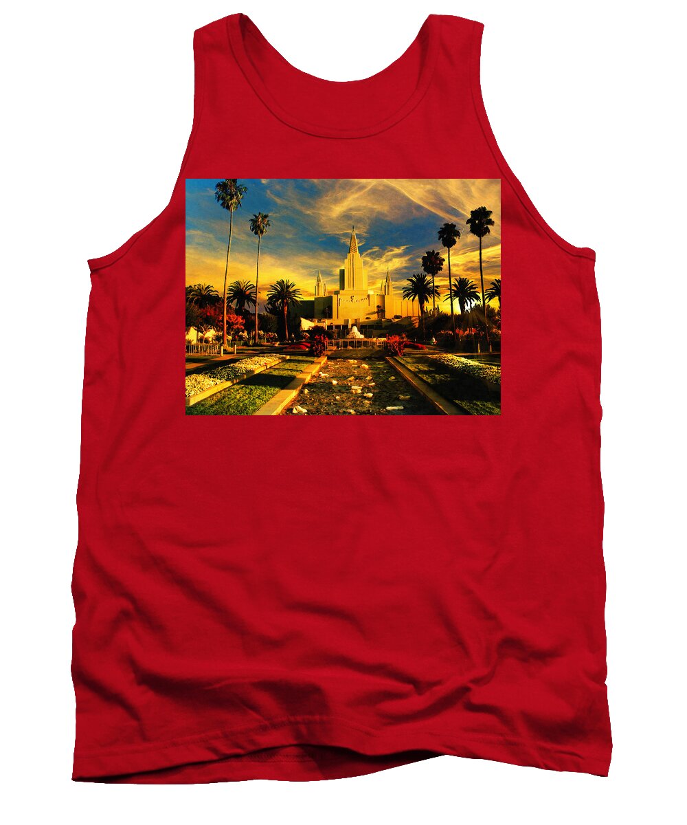 Oakland California Temple Tank Top featuring the digital art The Oakland California Temple in sunset light by Nicko Prints