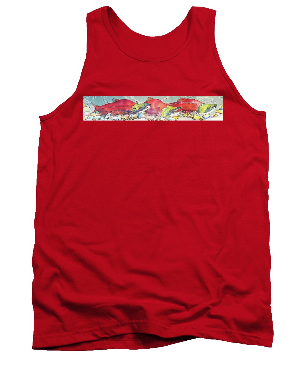 Salmon Tank Top featuring the tapestry - textile Three salmon by Karla Kay Benjamin