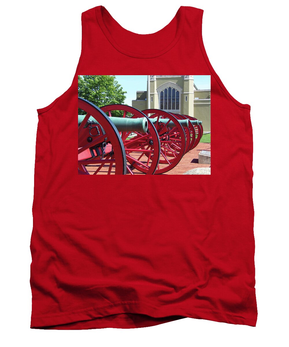 Lexington Tank Top featuring the photograph VMI Cannons - side view by Deb Beausoleil