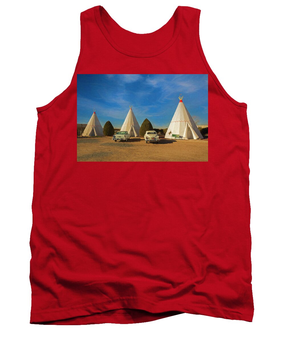 © 2015 Lou Novick All Rights Reserved Tank Top featuring the digital art Wigwam Hotel #6 by Lou Novick