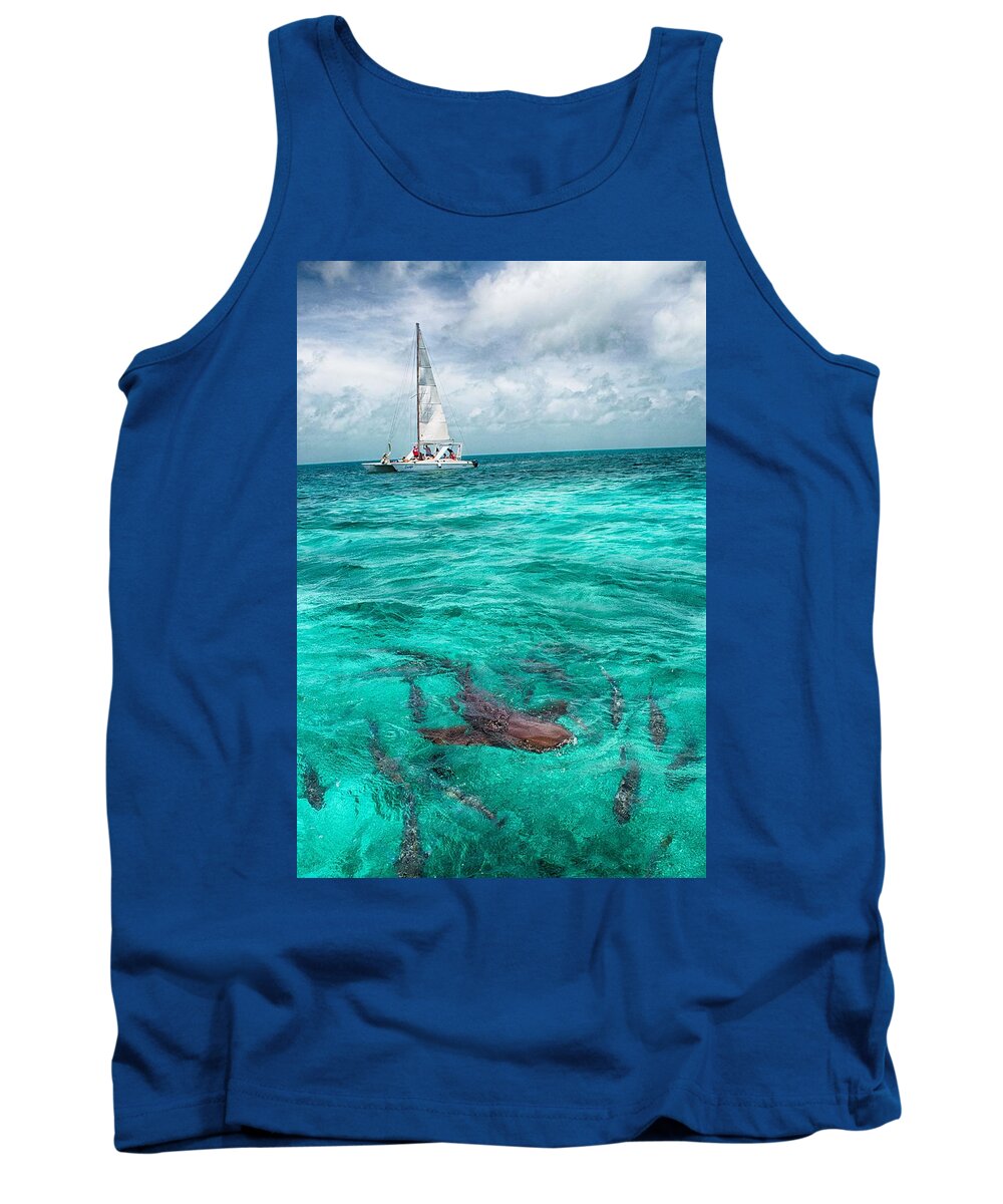 Shark Print Tank Top featuring the photograph Belize Turquoise Shark n Sail by Kristina Deane