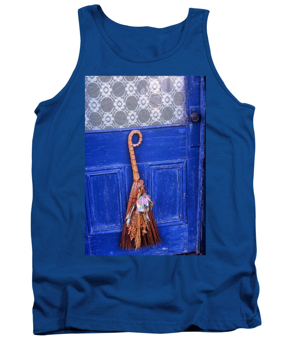 Blue Tank Top featuring the photograph Broom on Blue Door by Rodney Lee Williams