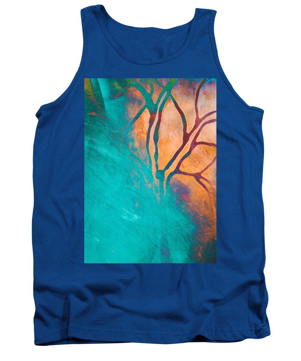 Tree Tank Top featuring the mixed media Fire And Ice Abstract Tree Art Teal by Priya Ghose