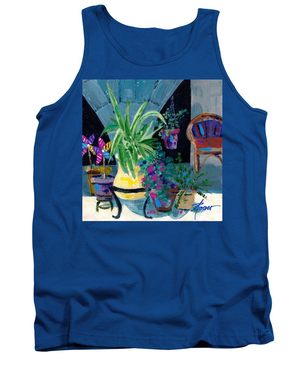 Pot Plants Tank Top featuring the painting Library Courtyard-Rhodes Old Town by Adele Bower