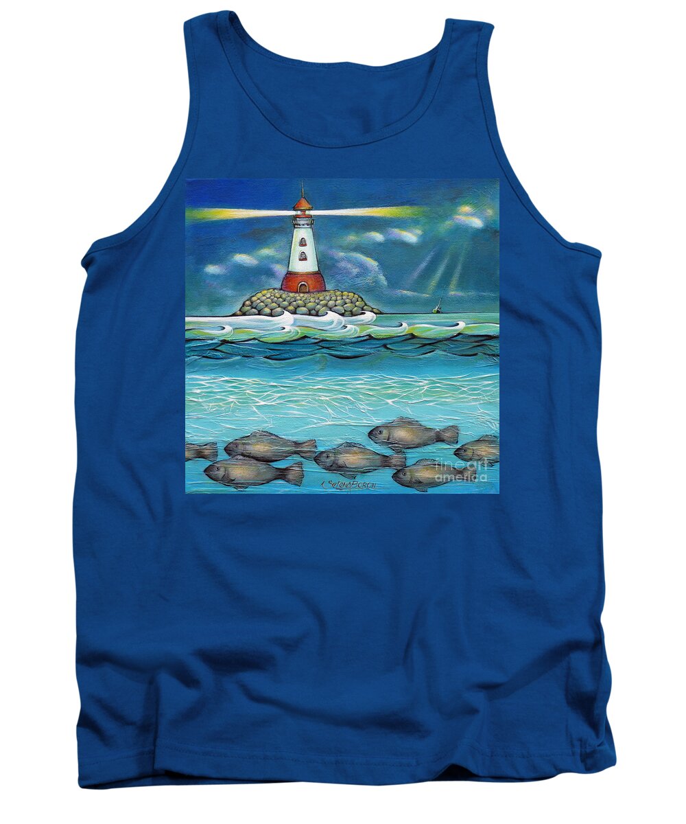 Lighthouse Tank Top featuring the painting Lighthouse Fish 030414 by Selena Boron