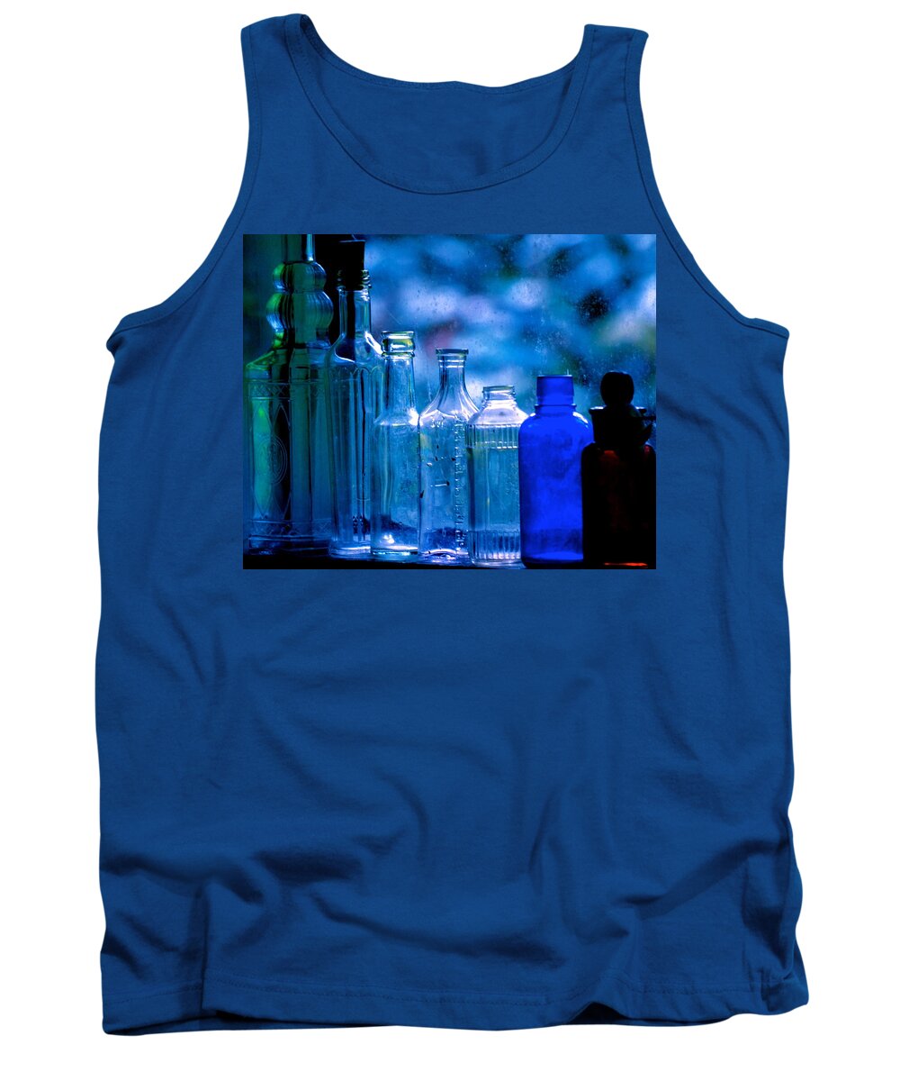 Hawaii Tank Top featuring the photograph Old Blue Glass Bottles in the Window... by Lehua Pekelo-Stearns