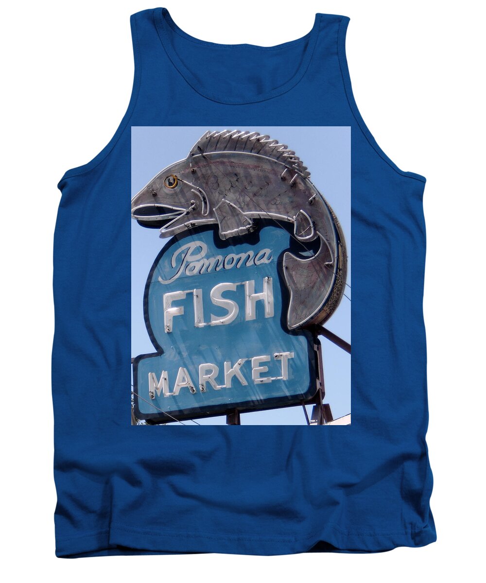 Neon Fish Sign Tank Top featuring the photograph Pomona Fish Market Sign by Gerry High