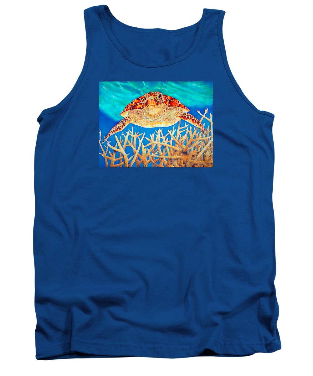 Sea Turtle Tank Top featuring the painting Sea Turtle Soaring over Staghorn by Daniel Jean-Baptiste