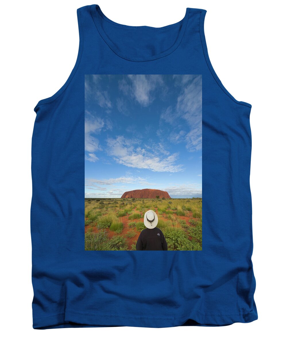 00477467 Tank Top featuring the photograph Tourist And Clouds At Ayers Rock by Yva Momatiuk John Eastcott