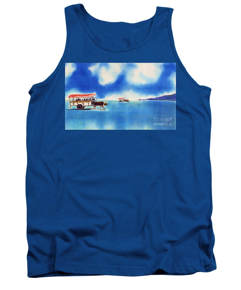 Japan Tank Top featuring the painting Yubu island-water buffalo taxi by Hisayo OHTA