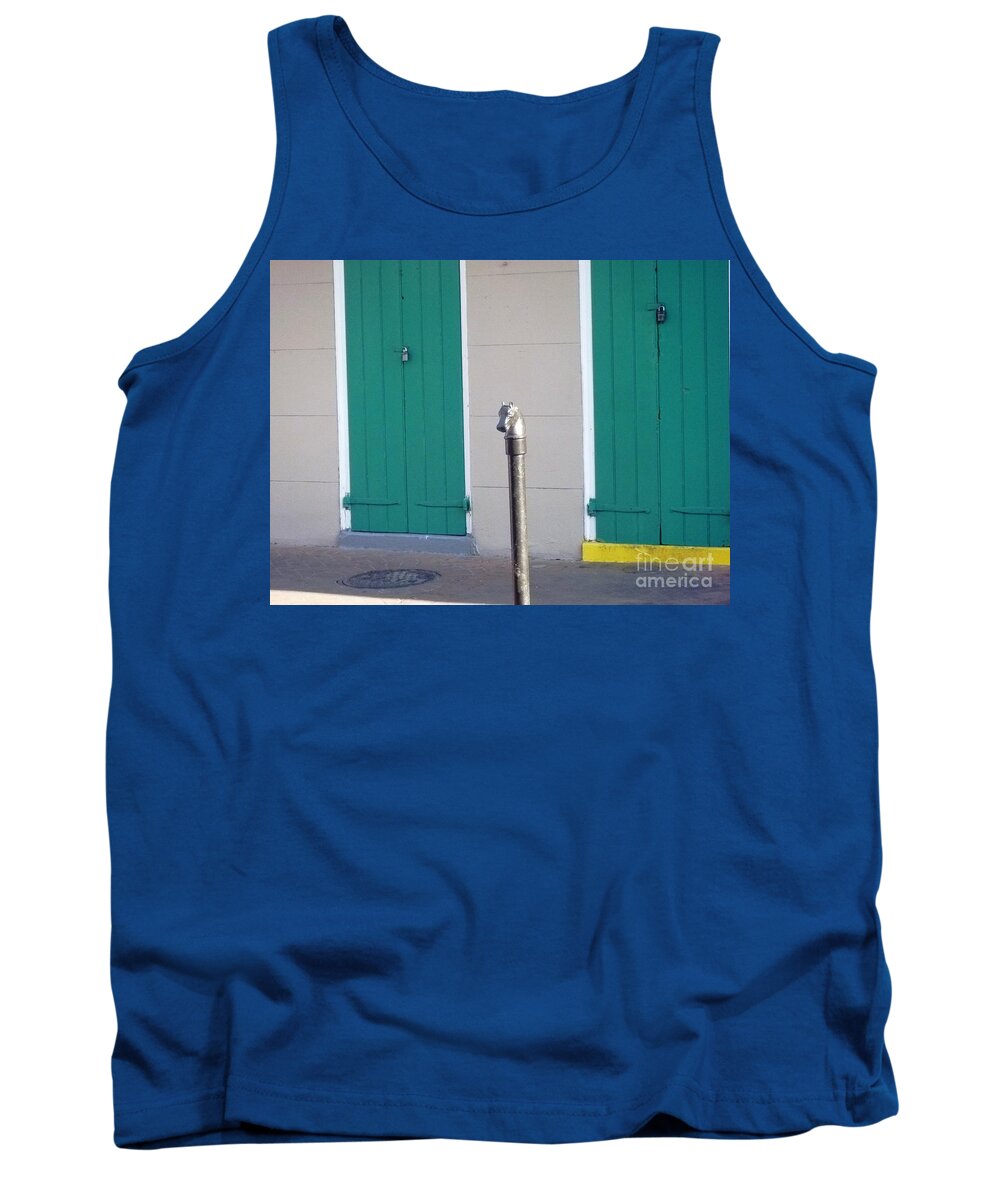 Horse Head Post Tank Top featuring the photograph Horse Head Post with Green Doors by Alys Caviness-Gober