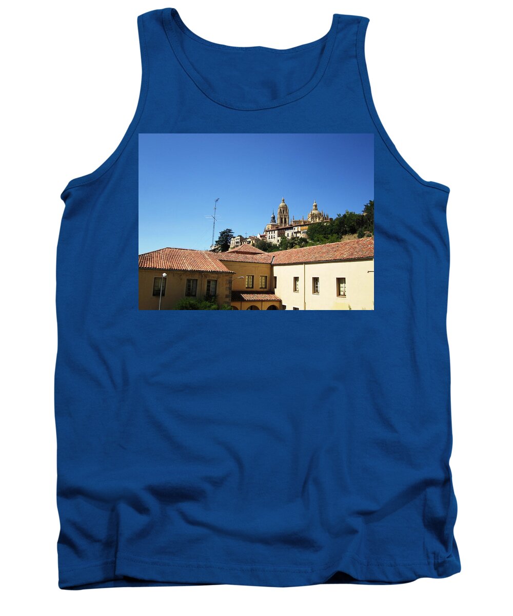 Segovia Tank Top featuring the photograph Segovia Castle Alcazar View of Homes in the Hills Below with Blue Sky in Spain by John Shiron