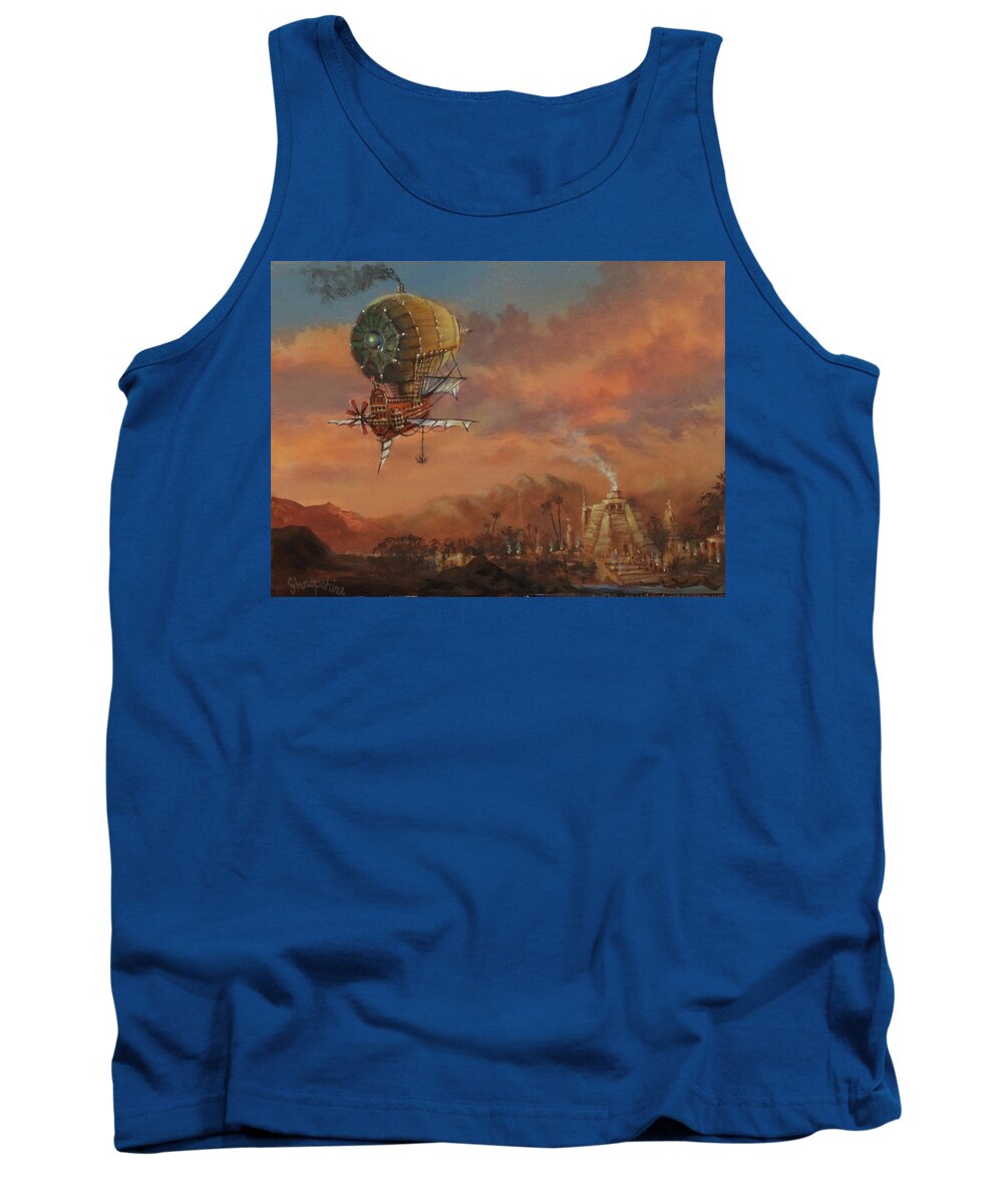 : Atlantis Tank Top featuring the painting Airship Over Atlantis Steampunk Series by Tom Shropshire