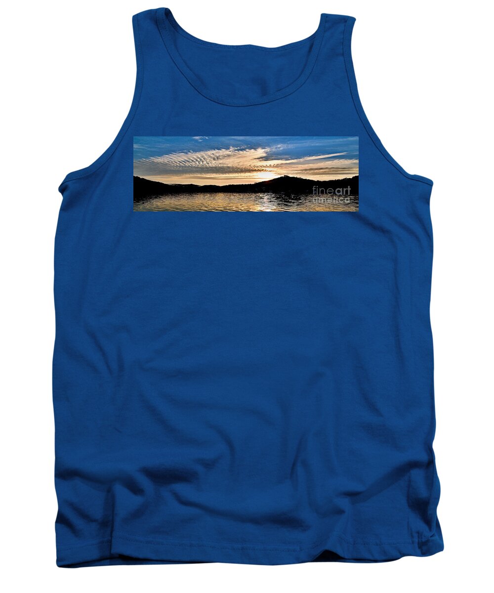 Nature Tank Top featuring the photograph Blue and White Ocean Sunrise with Water Reflections. by Geoff Childs
