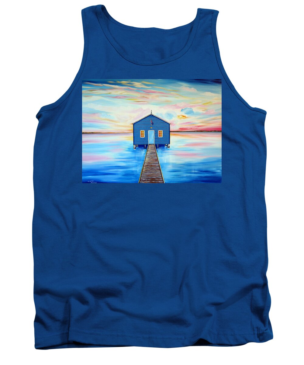 Swan River Tank Top featuring the painting Blue Boat Shed by the Swan River Perth by Roberto Gagliardi