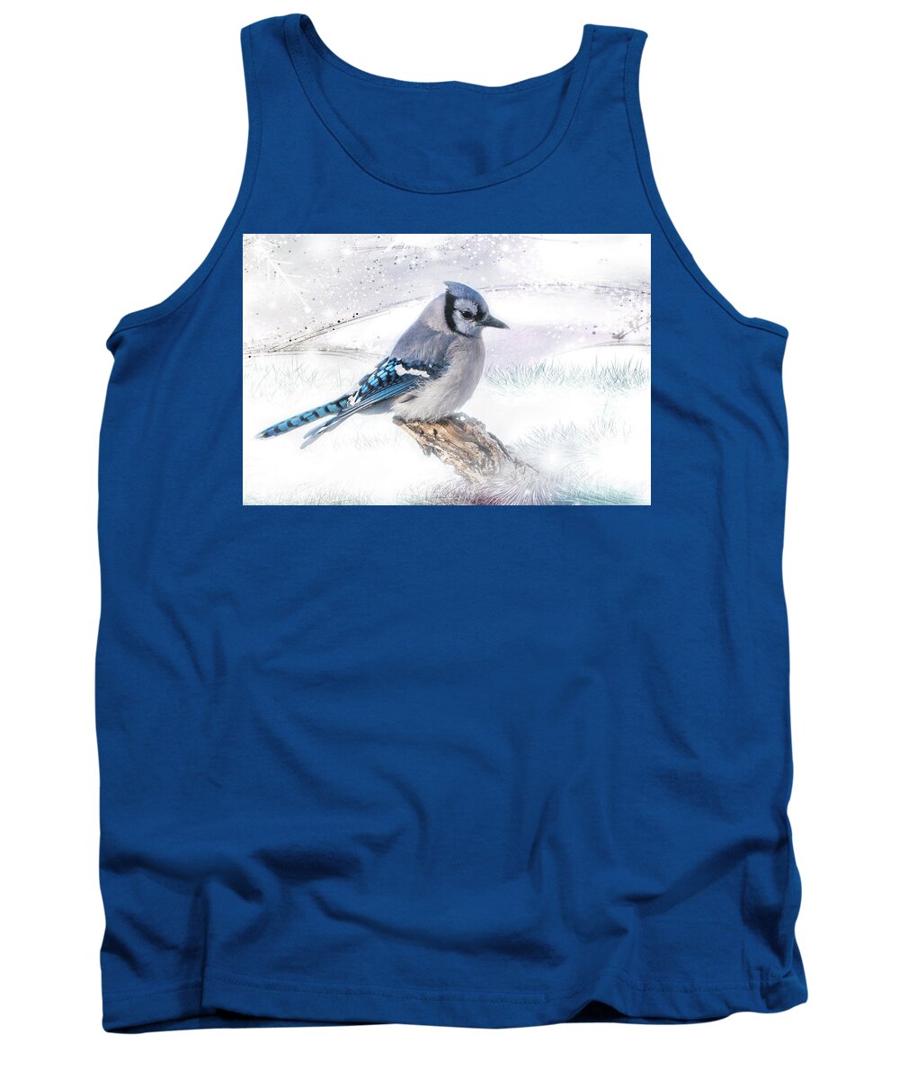 Blue Tank Top featuring the photograph Blue Jay Snow by Patti Deters