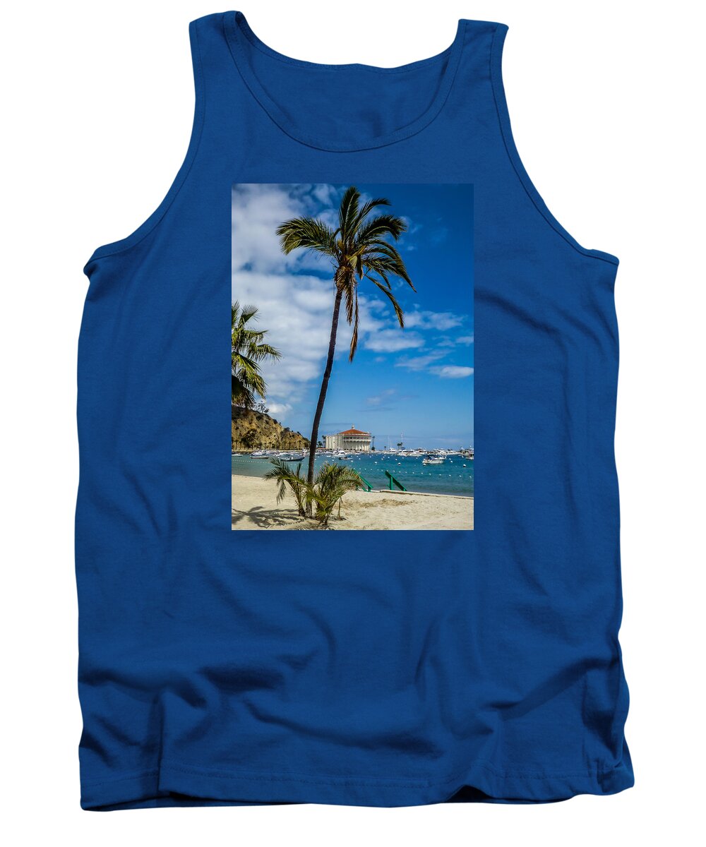 Catalina Tank Top featuring the photograph Catalina Casino and Palm Tree by Pamela Newcomb