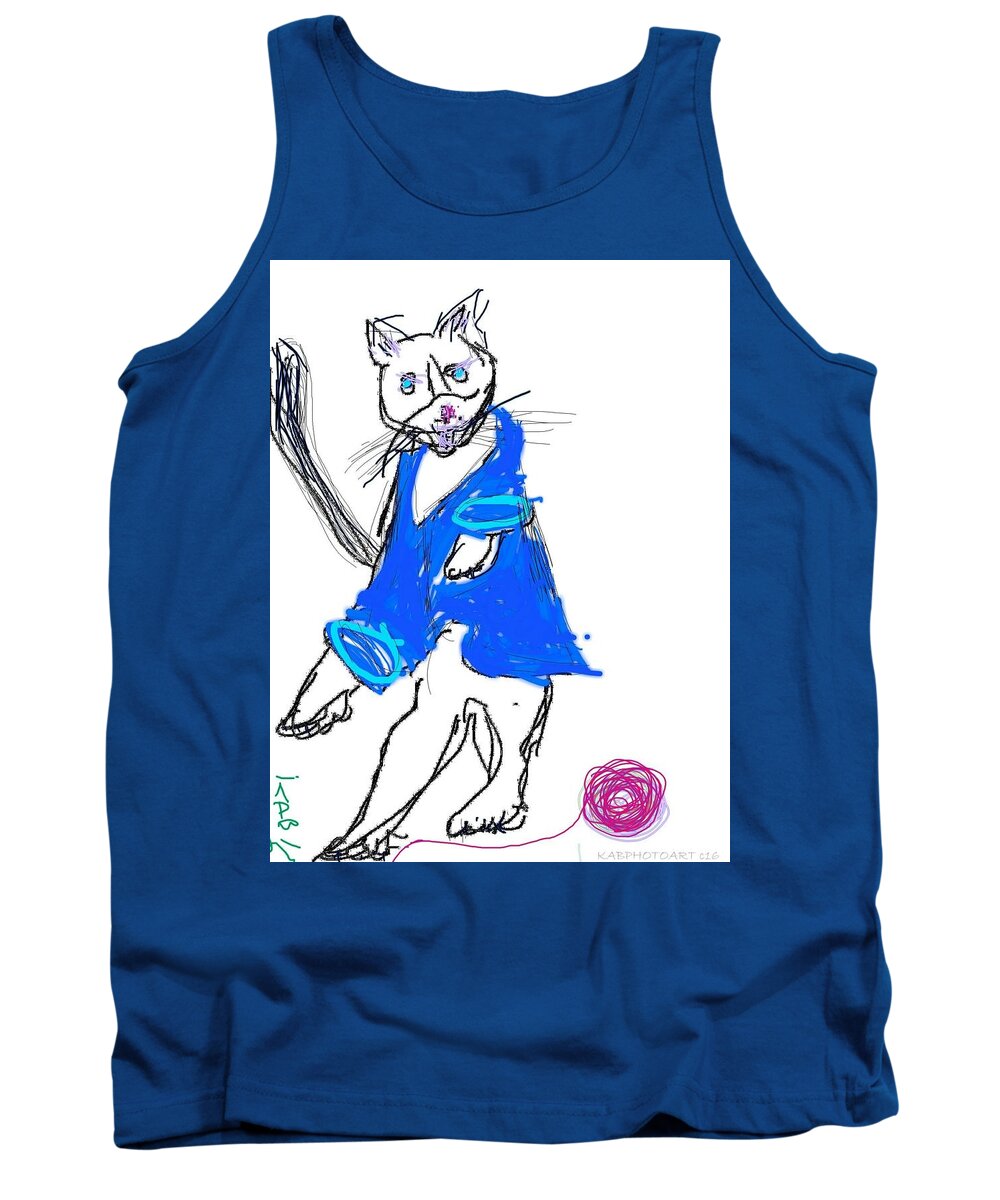 Cat Tank Top featuring the digital art January - Dancing Cat in a Blue Sweater by Kathy Barney