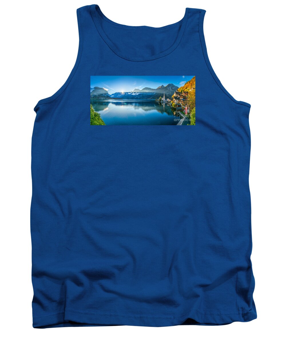 Alpine Tank Top featuring the photograph First Sunbeams falling on Hallstatt mountain village by JR Photography
