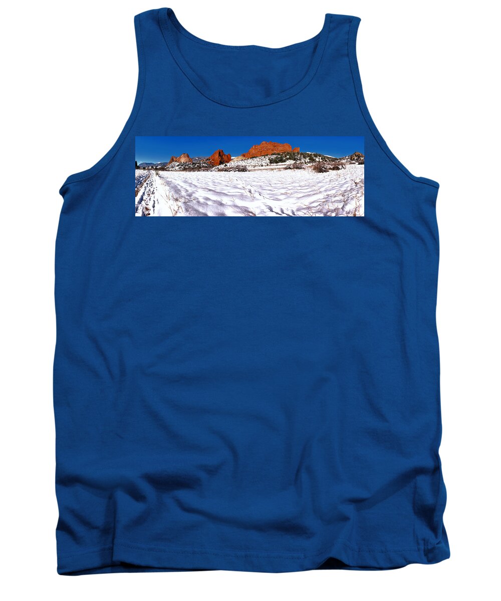 Garden Of The Cogs Tank Top featuring the photograph Garden Of The Gods Snowy Morning Panorama by Adam Jewell