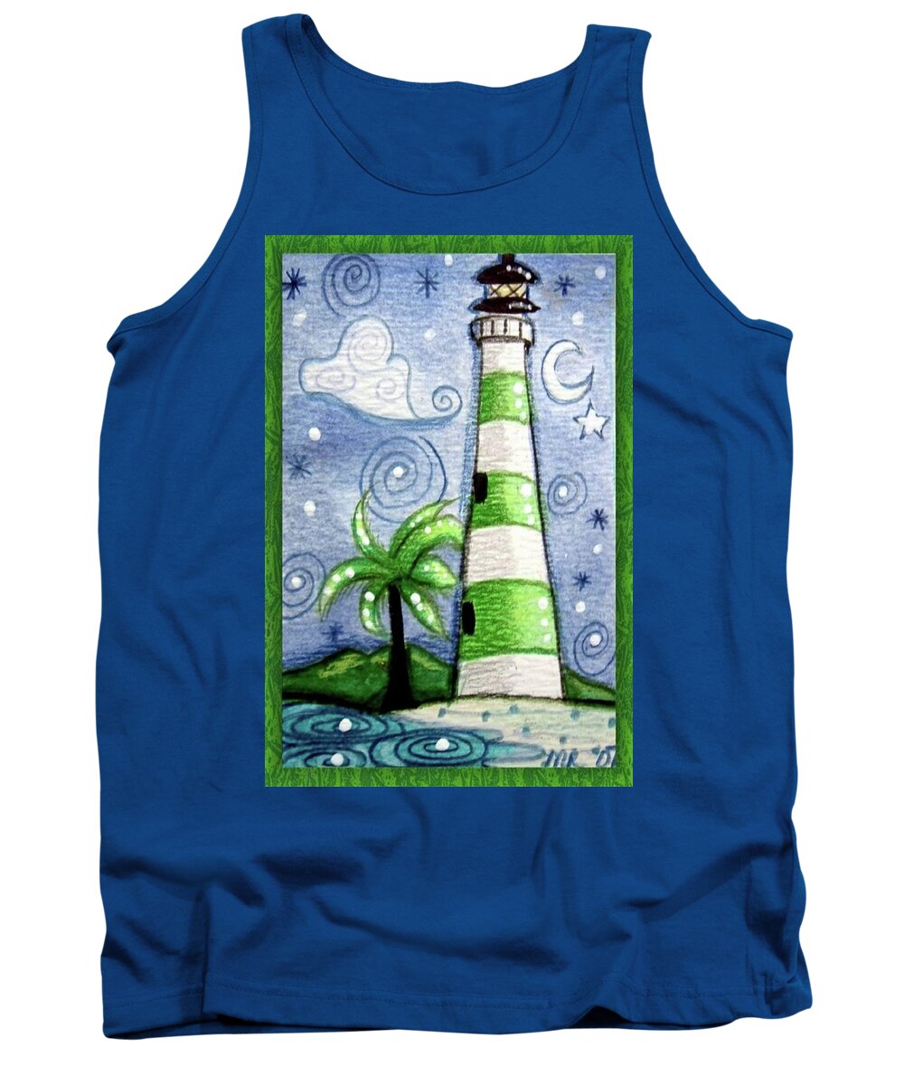 Lighthouse Tank Top featuring the painting Green and White Tropical Lighthouse by Monica Resinger