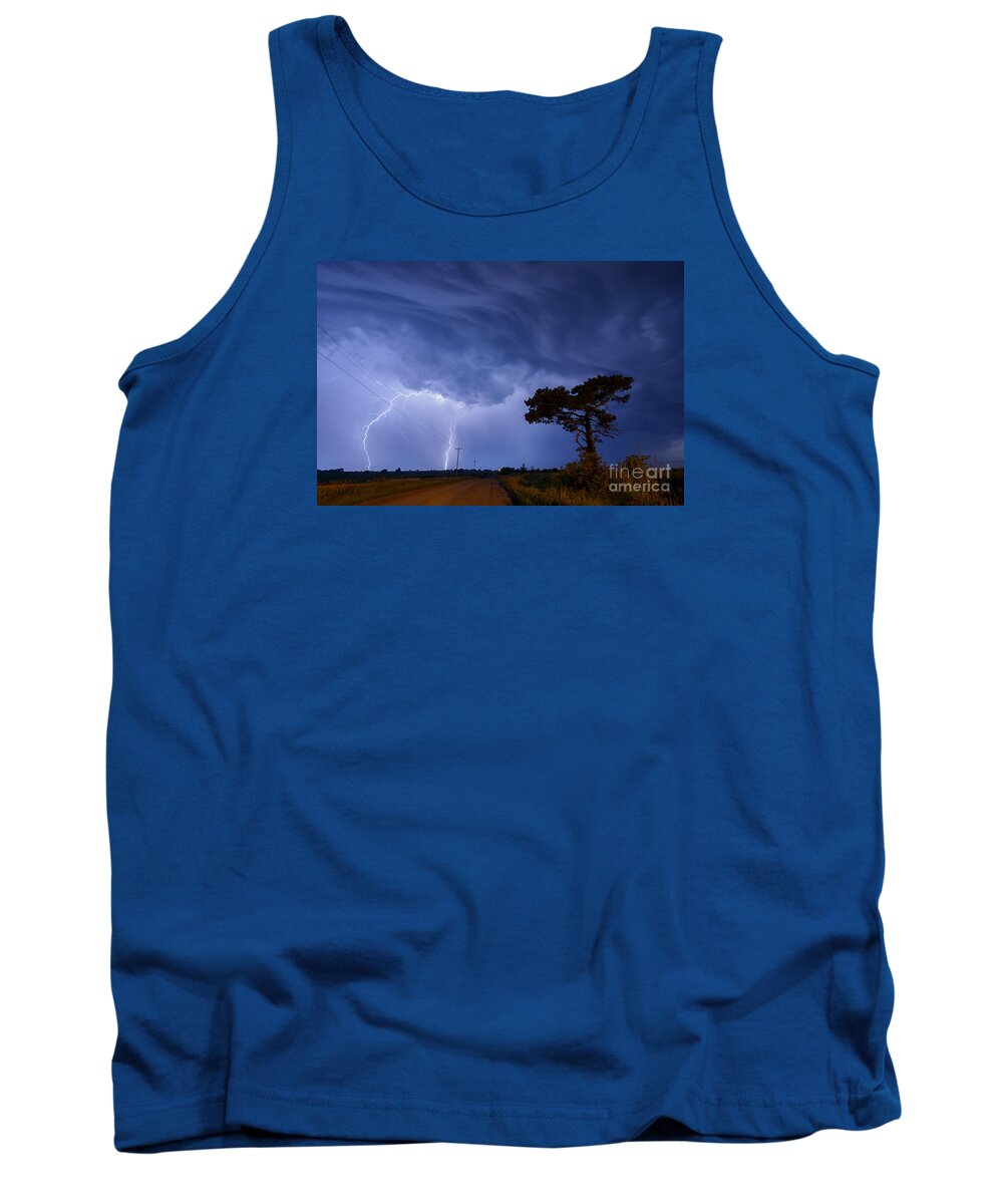 Lightning Tank Top featuring the photograph Lightning Storm on a Lonely Country Road by Art Whitton