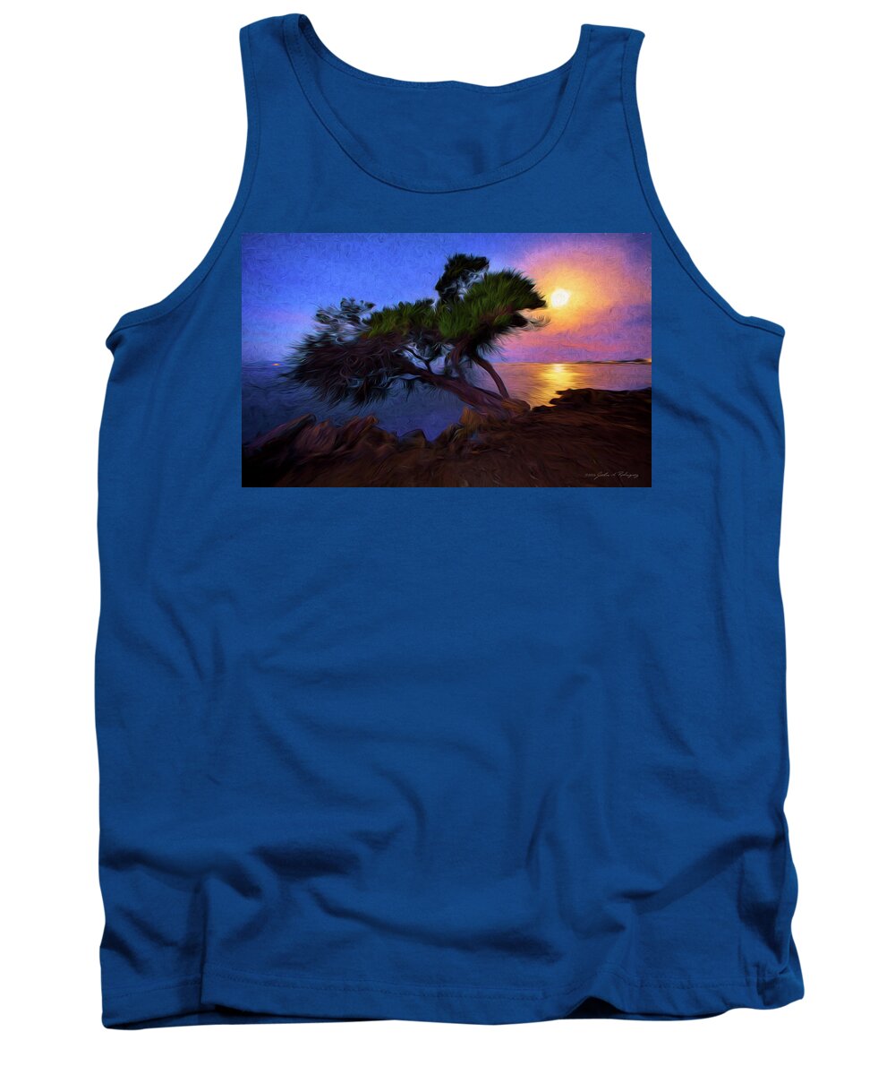 Tree Tank Top featuring the photograph Lone Tree on Pacific Coast Highway at Moonset by John A Rodriguez