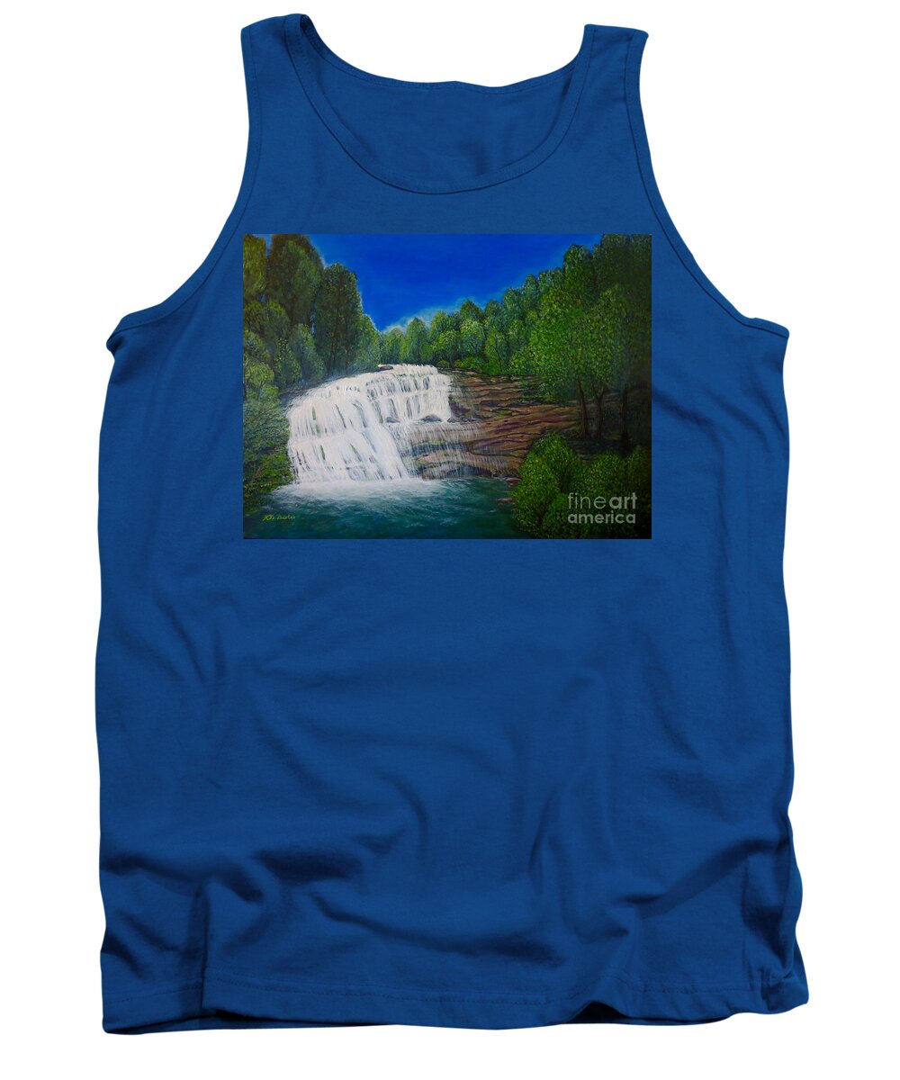 Bald River Falls Full Cascading Waterfall Blue Skies Overhead And Lined With Deciduous And Evergreen Trees On Either Side Clear Blue Green Water With White Water Pooling At Bottom Sunlight On River Rock Balance Of Cool And Warm Tones Waterfall Nature Scenes Acrylic Waterfall Painting Tank Top featuring the painting Majestic Bald River Falls of Appalachia II by Kimberlee Baxter