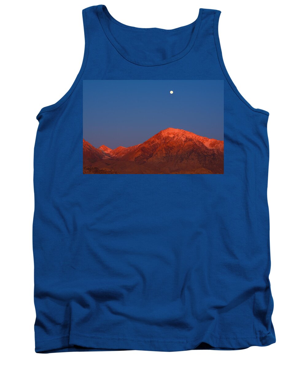 Alpenglow Tank Top featuring the photograph Moonset at Dawn above Mount Tom - Eastern Sierra California by Ram Vasudev