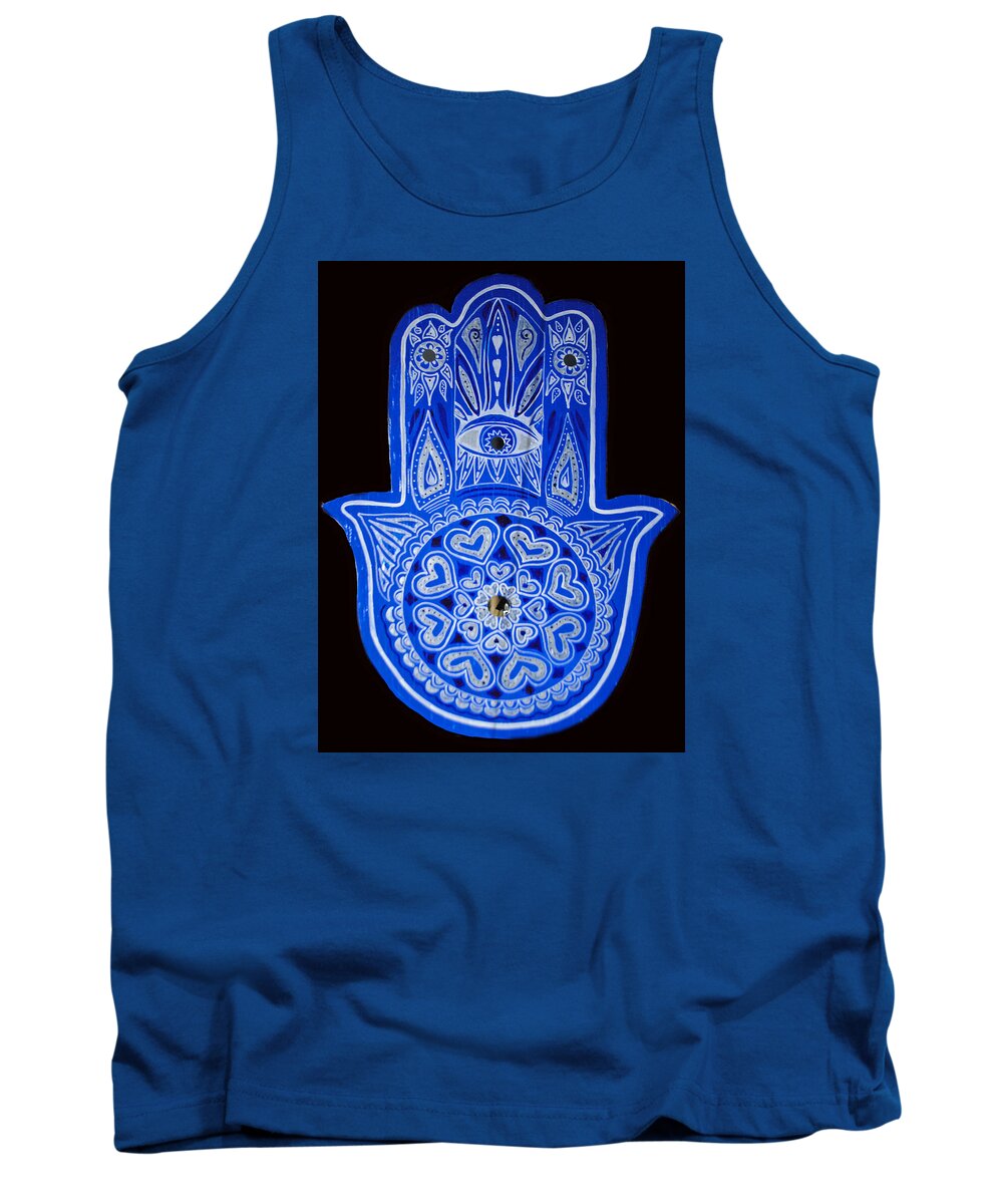 Blue Hamsa Tank Top featuring the painting My Blue Hamsa by Patricia Arroyo