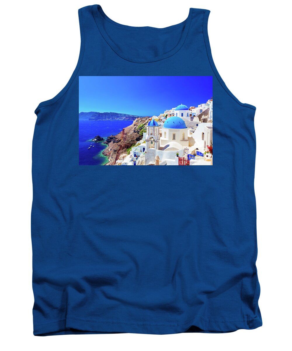 Santorini Tank Top featuring the photograph Oia town on Santorini island, Greece. Caldera on Aegean sea. by Michal Bednarek