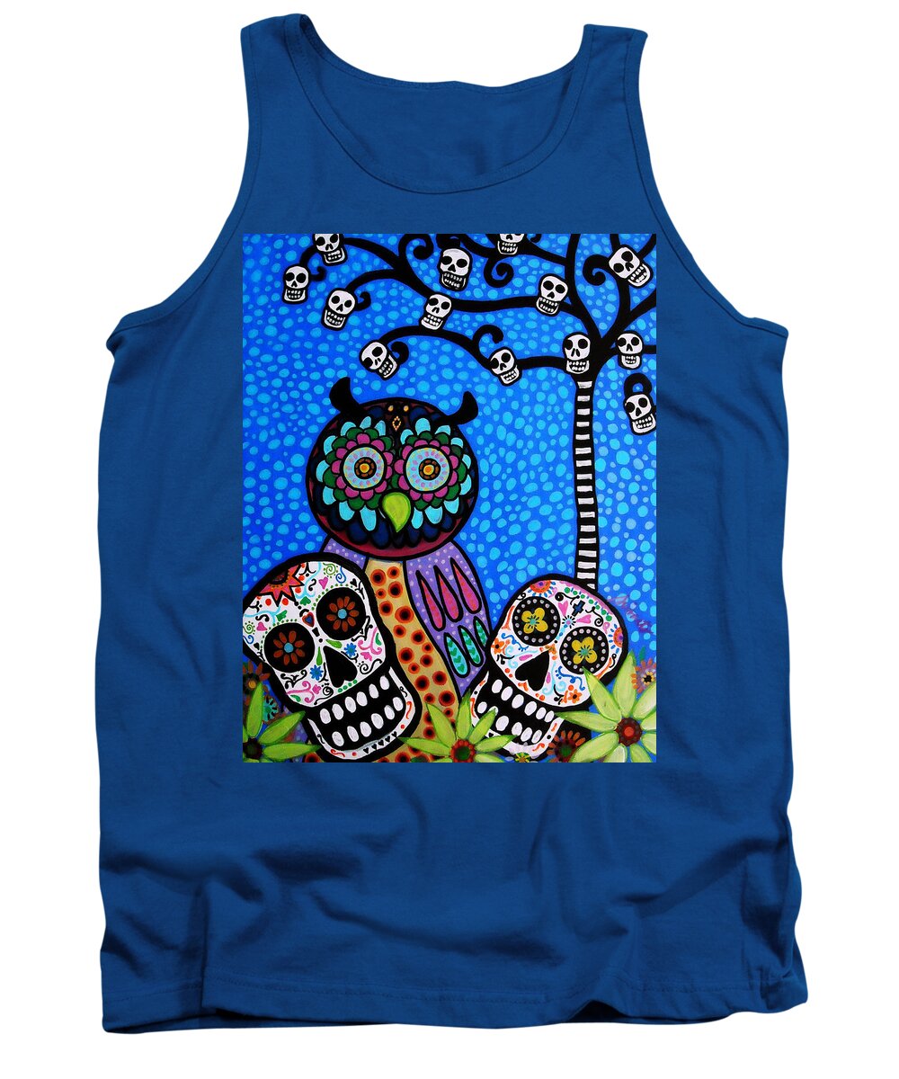 Flower Tank Top featuring the painting Owl And Sugar Day Of The Dead by Pristine Cartera Turkus