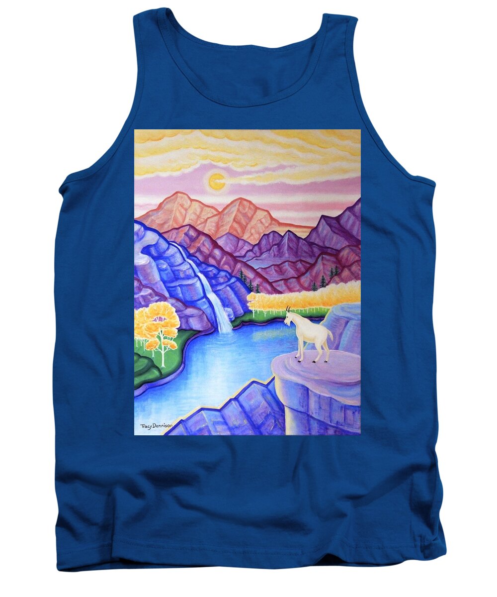 Rocky Mountain Goat Landscape Surreal Mountains Waterfall Tank Top featuring the painting Rocky Mountain High by Tracy Dennison
