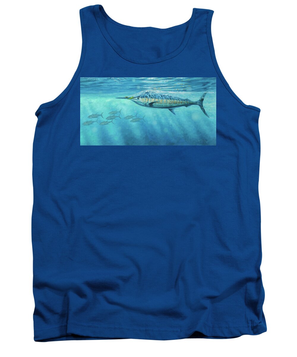 Blue Marlin Paintings Tank Top featuring the painting Snapping the Teaser by Guy Crittenden