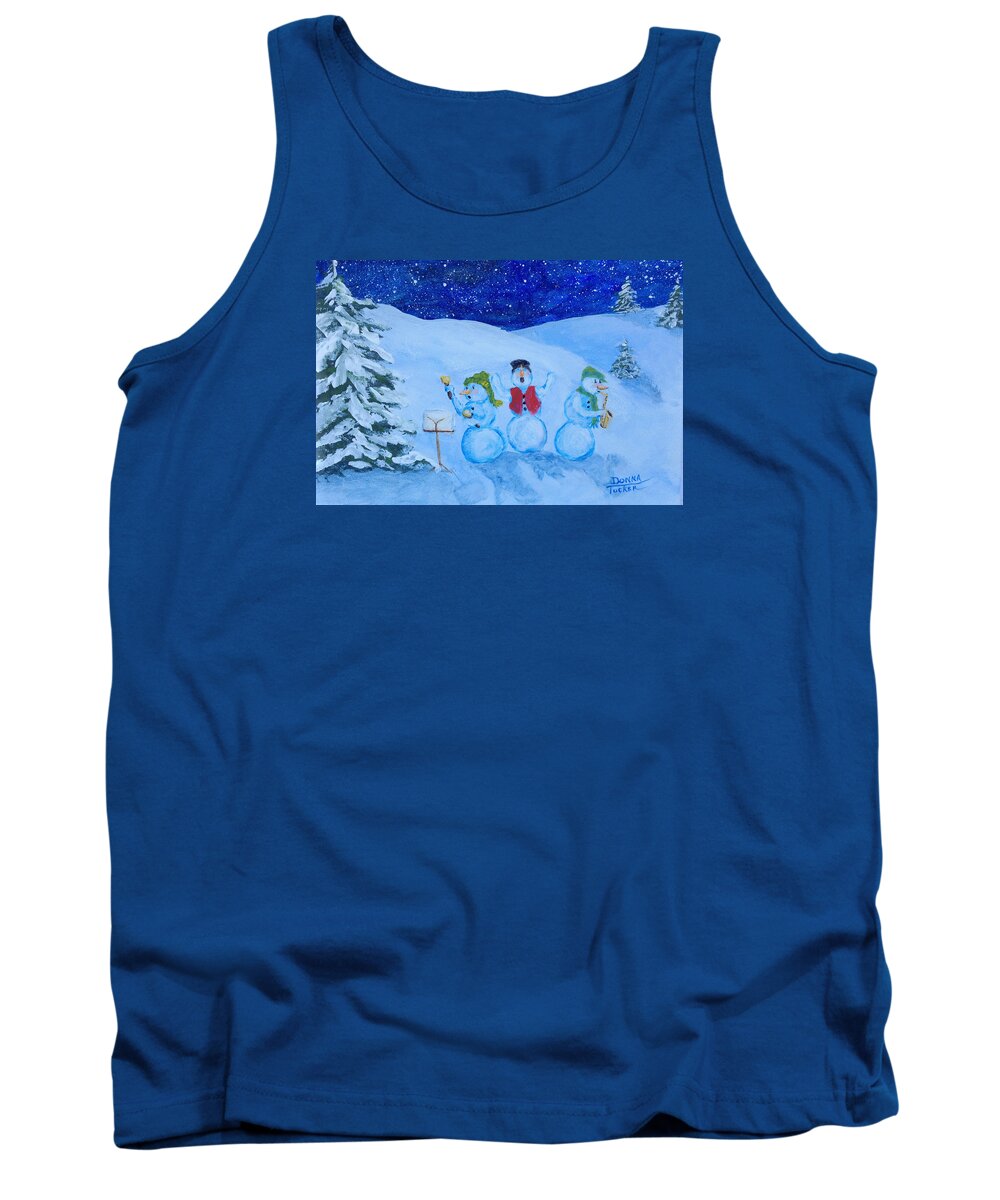 Christmas Tank Top featuring the painting Snowie Musicians by Donna Tucker