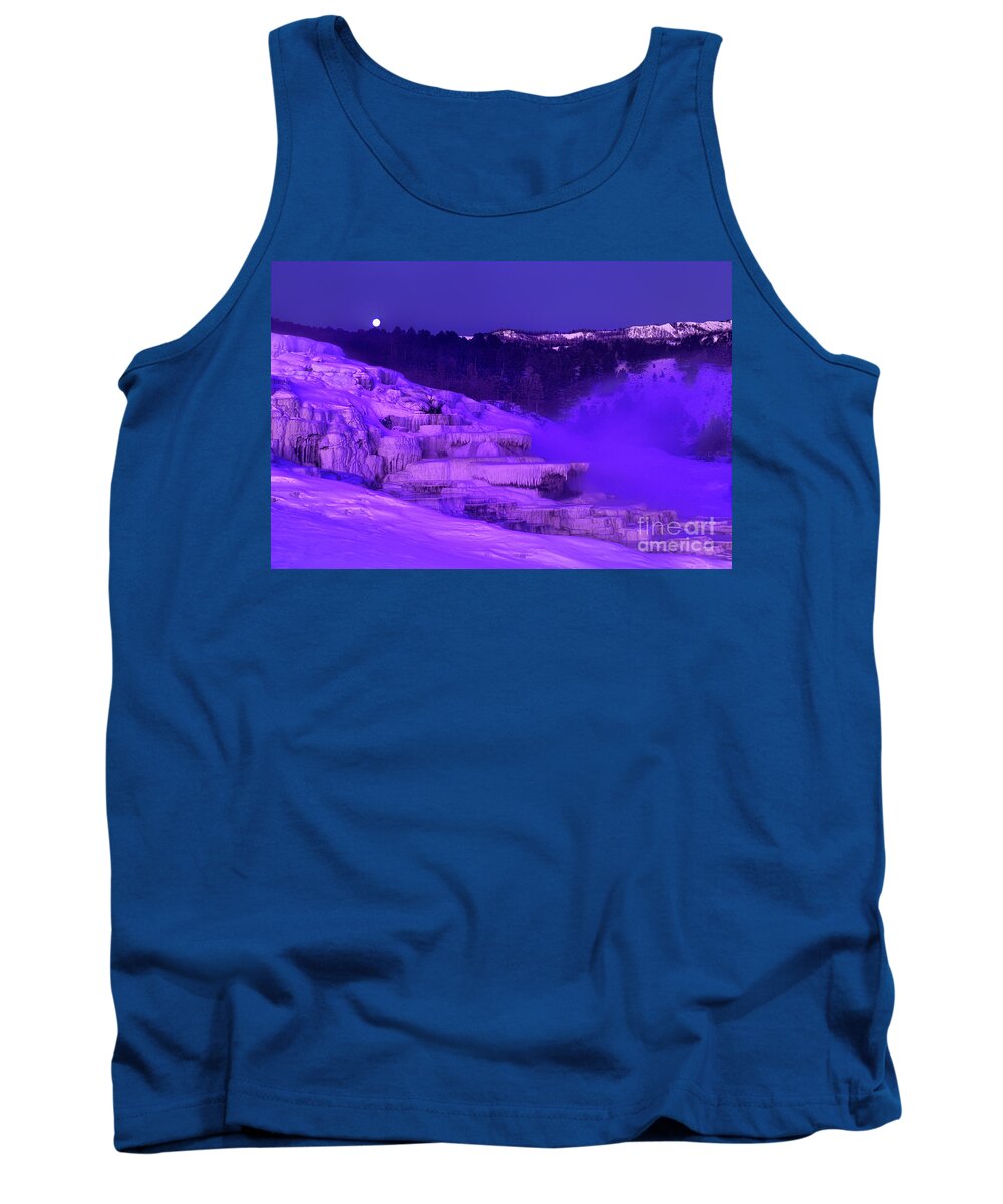 North America Tank Top featuring the photograph Sunrise and Moonset Over Minerva Springs Yellowstone National Park by Dave Welling