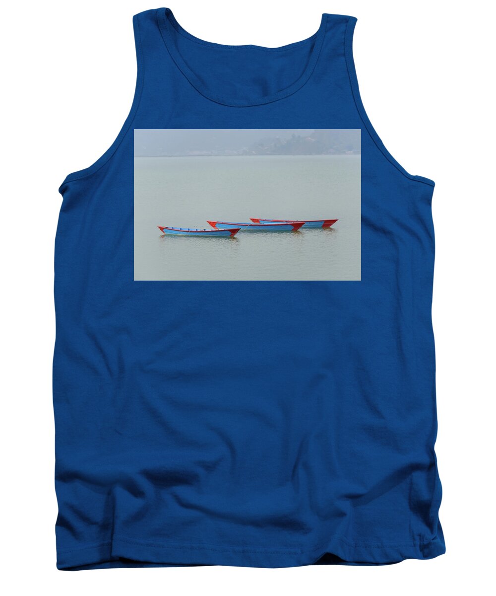 Boat Tank Top featuring the photograph Three blue boats on Phewa Lake in Pokhara by Dutourdumonde Photography
