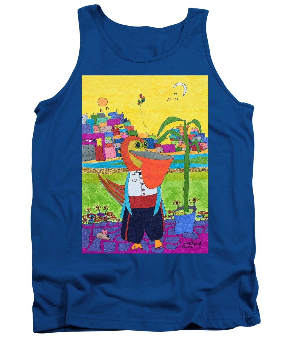 The Original Artwork For Tuxedo Pelican Is Done In Permanent Ink Markers On 140# Watercolor Paper. A Piece To Study And Talk About While You Enjoy The Brilliant Colors In A Fineartamerica Print Done With Archival Inks. Tank Top featuring the painting Tuxedo Pelican by Lew Hagood