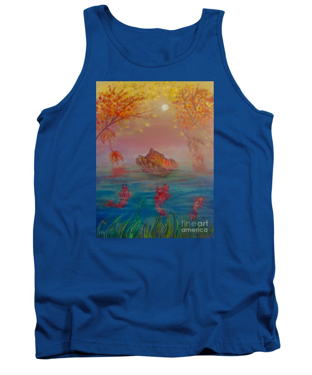 Misty Foggy Lake Scene Dawn Morning Sunrise Lake Scene Bright Sun Fall Foliage Fallen Maple Leaves Japanese Koi Fish Mystical Work Nature Scene Acrylic Paintings Tank Top featuring the painting Watching the Dance of the Fallen Elements by Kimberlee Baxter